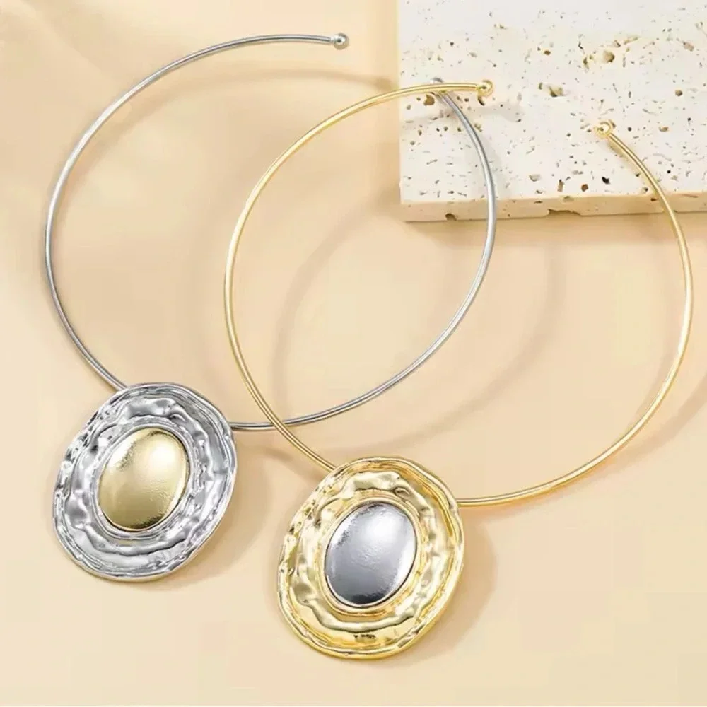 Silver Button Oval Bangle Necklace
